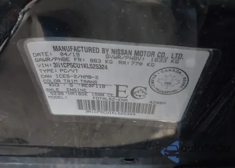 2019 Nissan Kicks S/Sr/Sv из США, поврежденный, VIN 3N1CP5CU1KL525324